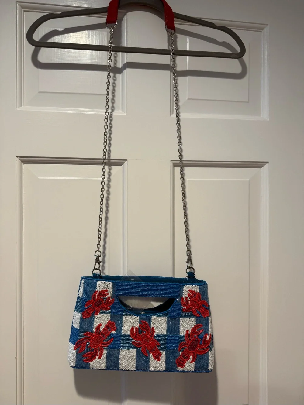 New- America & Beyond Blue Beaded Checkerboard Bag with Beaded Red Lobsters - Picture 3 of 4
